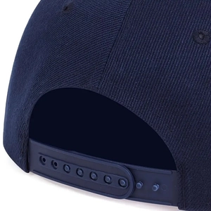 Rear view of navy blue baseball cap with adjustable snapback strap and twill texture