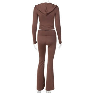 Back view of a deep brown women's two-piece set with hoodie and flared pants