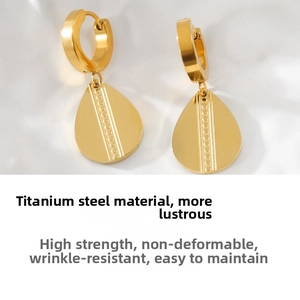 Detailed macro view of gold-plated titanium steel teardrop earrings with vertical grooves