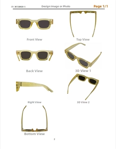 Technical drawing of square frame sunglasses showing seven different viewing angles
