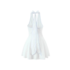 Weißes Neckholder-Minikleid mit blauem Saum und großer Schleife am Rücken-Detail