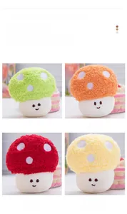 Detail of four colorful plush mushroom keychains with white dots and cute facial expressions