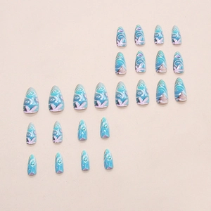 Ocean themed press on nails with blue almond shape, shells, and starfish designs
