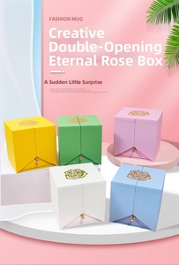 Detailed view of double-door jewelry boxes in five colors with textured finish and gold rose