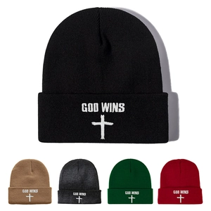 God Wins Lettering Cross Embroidery Knitted Beanie For Men Women Warm Winter Casual Soft Acrylic Cuffed Skull Cap