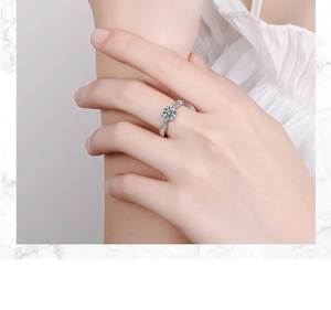 Close-up of elegant silver zircon ring featuring a classic four-prong setting and side accents
