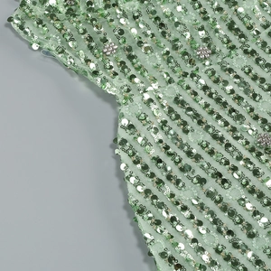 Detailed macro shot of green sequins and floral mesh texture on a sleeveless dress