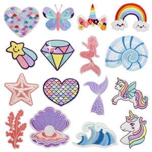 Set of 15 colorful cartoon mermaid and unicorn embroidery patches for clothes decoration