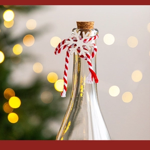 Close-up of a Christmas glass bottle ornament with red rope and snowflake detail