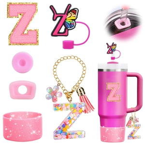 Pink Z-letter charm set for tumblers with butterfly straw cover and glitter tassel