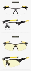 Detail view of sports sunglasses featuring transparent and yellow night vision lenses