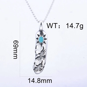Detail of vintage feather pendant with turquoise stone and dimension measurements