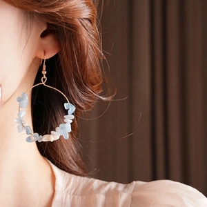 Starfish blue stone round hoop earrings for beach vacation with golden metal ear hooks