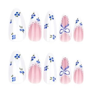 French blue and white almond press-on nails with blueberry art and 3D bows