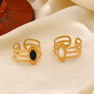 French vintage rhombus adjustable ring set with black and white drip oil stones