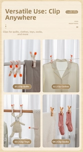 Detail view of windproof quilt clips in multiple usage scenarios for secure laundry hanging