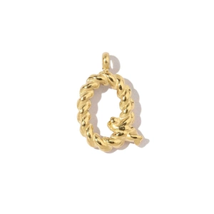 Detailed close-up of 18k gold plated letter Q pendant with spiral threaded texture