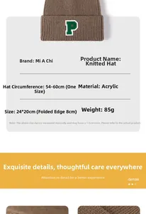 Detailed view of the brown knit beanie with P embroidery and size specifications