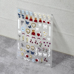Vintage bear and flower adhesive nail stickers for retro sweet style manicure art