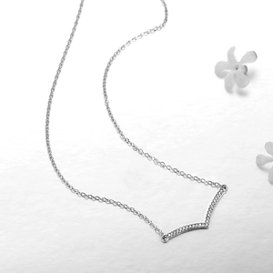 Minimalist S925 sterling silver V-shaped pendant necklace with sparkling zircons on white backdrop