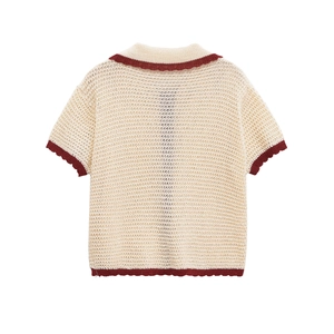 Women's cream knit polo cardigan with red trim and hollow-out texture in flat lay view