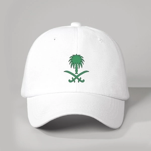 White cotton baseball cap with green Saudi emblem palm tree and swords print