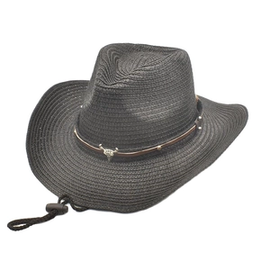 Classic carbon black western straw cowboy hat with a metal bull head band and chin strap