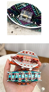 Close-up of Bohemian polka dot acrylic hair claws showing metal springs and patterns