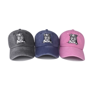 Vintage washed cotton baseball caps with bulldog embroidery in grey, navy, and pink set