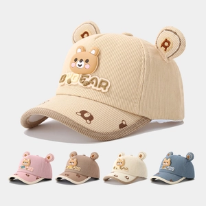 Kids Corduroy Baseball Cap With Cute 3D Bear Ears Cartoon Patch Adjustable Warm Toddler Sun Hat For Boys Girls