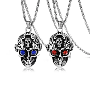 Retro hip hop skull head pendant necklace in titanium steel with red and blue gem eyes