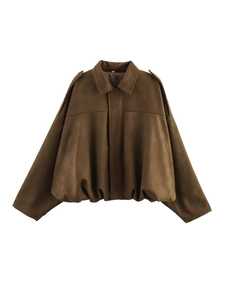 Close-up of brown suede bomber jacket featuring epaulets and elasticated lantern hem