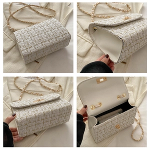 Detailed views of beige tweed crossbody bag with golden chain strap and swivel lock