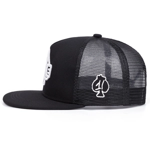 Adjustable black mesh trucker hat with white 3D spade embroidery in a 45-degree view
