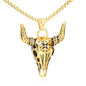 Polished gold dragon bull skull pendant necklace for men with sturdy box chain