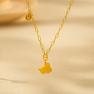 Golden rabbit pendant necklace with luck engraving on minimalist O-link chain for women