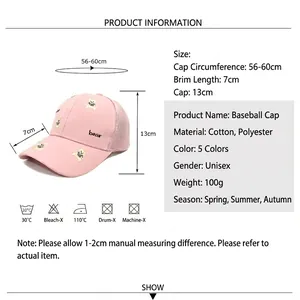 Casquette de baseball rose brodée d'un ours, avec tableau des tailles et coton doux