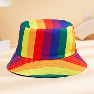 Rainbow striped cotton bucket hat with colorful vertical patterns for sun protection