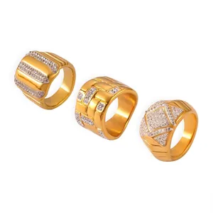Vintage Titanium Steel Geometric Rhinestone Ring Gold Plated Wide Band Artificial Agate Textured Fashion Jewelry For Men Women
