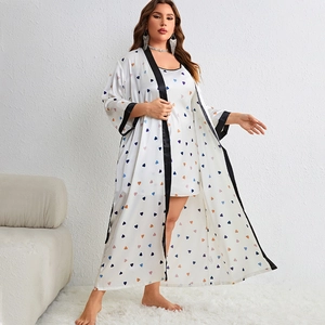 Women's Plus Size Satin Robe And Sling Nightdress Heart Print V-Neck Sleepwear Loungewear