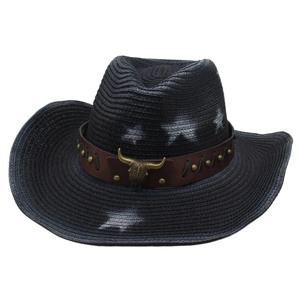 Black straw cowboy hat with vintage bull head emblem and leather band for sun protection