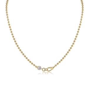 Golden 925 sterling silver beaded necklace with round bezel-set moissanite pendant