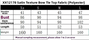 Size chart detail for bow satin top with polyester fabric measurements in centimeters