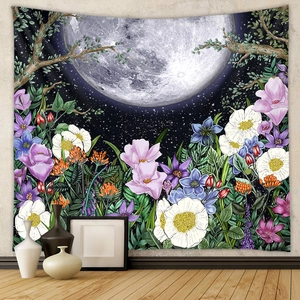 Bohemian moon phase tapestry featuring a night starry sky and colorful flower garden