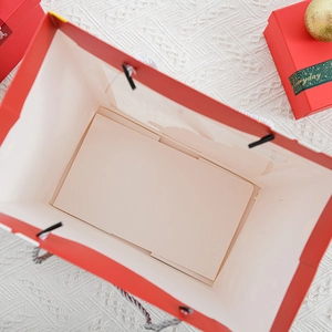 Christmas gift paper bag with clear window and red handles for holiday treats