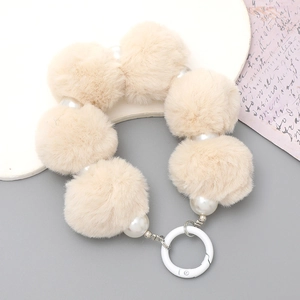 Cute beige pompom and white pearl charm with white spring clasp for bags and keys