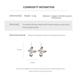 Detailed size chart showing butterfly pearl earrings dimensions and material specs