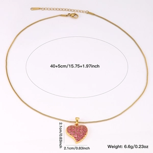 Gold-plated heart necklace with pink zircon pavé, 40+5cm adjustable chain for women