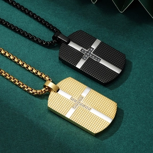 Men's titanium steel dog tag necklaces with CNC cross and cubic zirconia stones