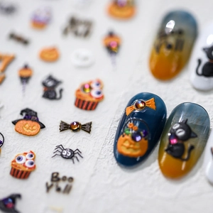 Halloween 3D Embossed Nail Stickers Relief Self Adhesive Pumpkin Ghost Black Cat Spider Manicure Decorations With Rhinestones